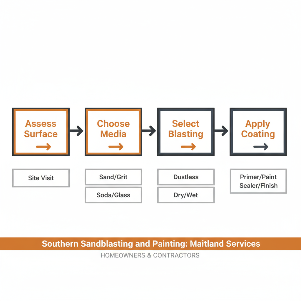 Horizontal process flow depicting sandblasting service selection steps from surface assessment to final coating application for homeowners and contractors in Maitland.