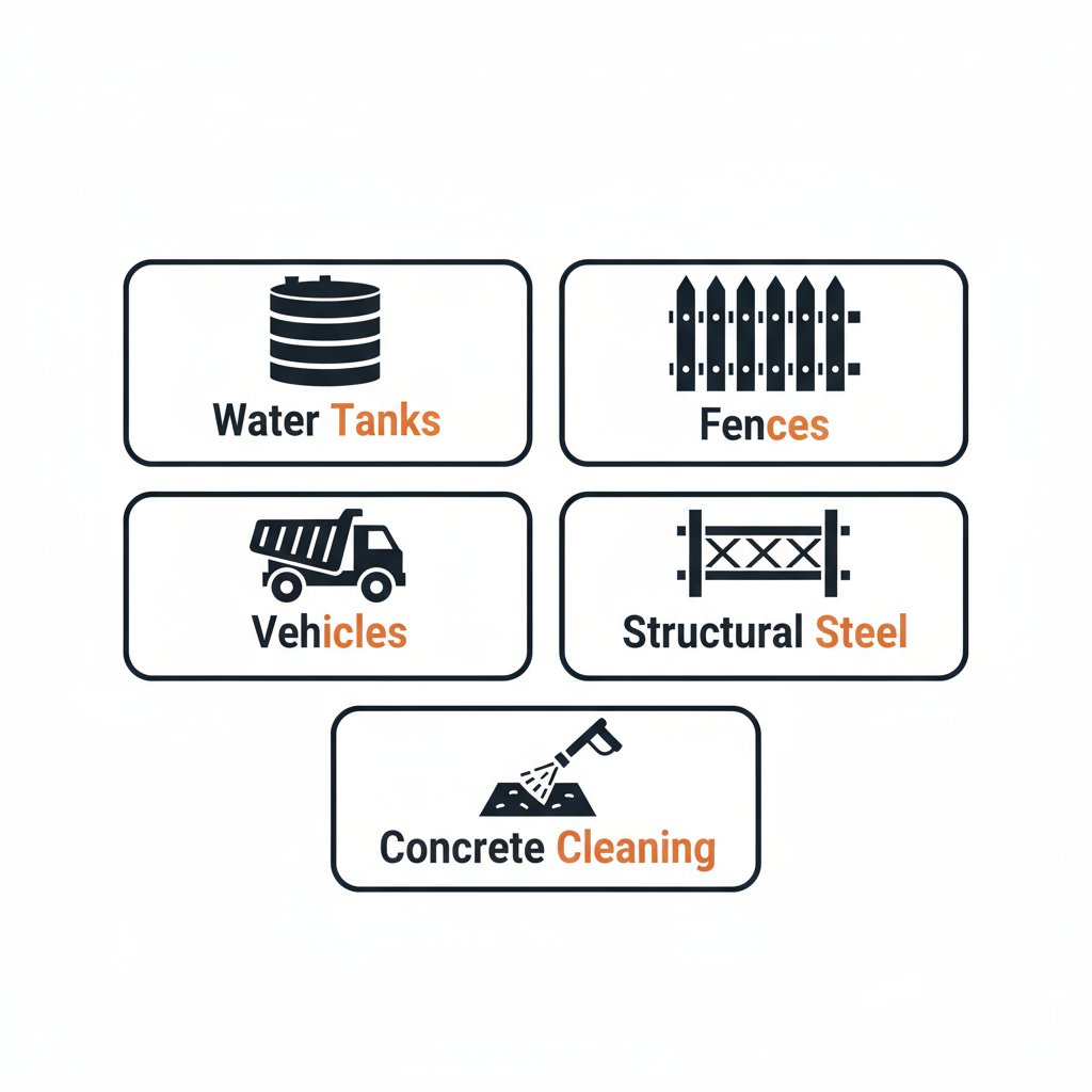 Infographic showing common sandblasting and painting project types in Maitland, Florida, including water tanks, fences, vehicles, structural steel, and concrete cleaning.