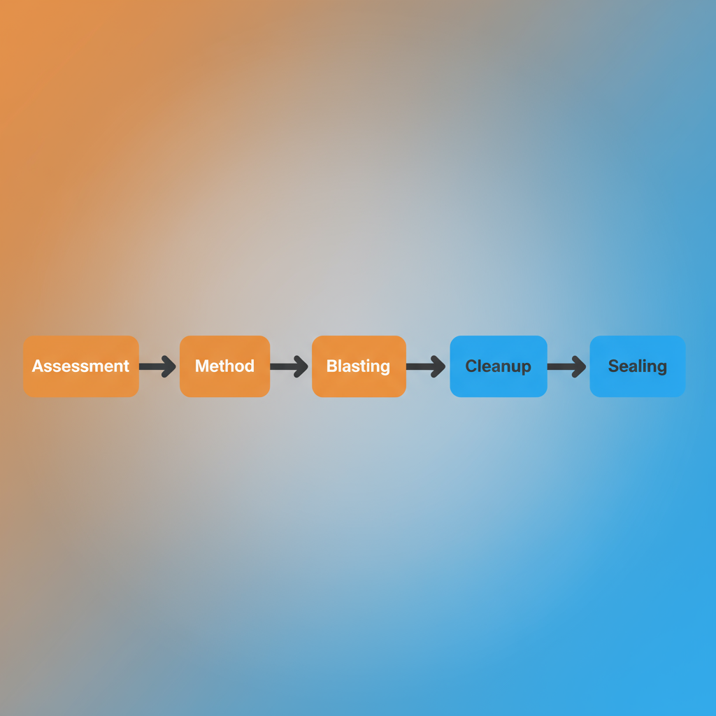Horizontal process flow depicting concrete surface preparation, showing stages from assessment to sealing with different blasting methods