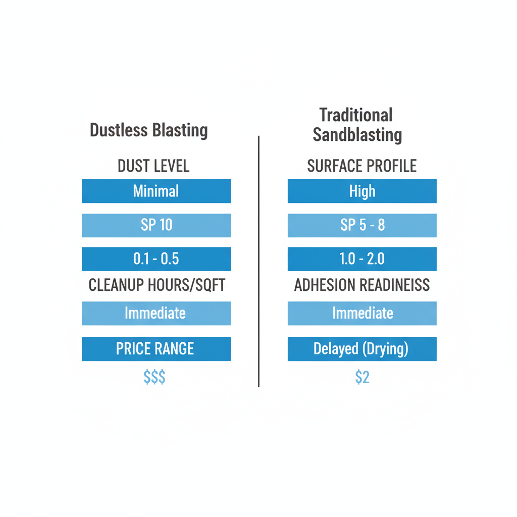 Infographic comparing dustless and traditional sandblasting characteristics like dust level, surface profile, cleanup time, and cost.