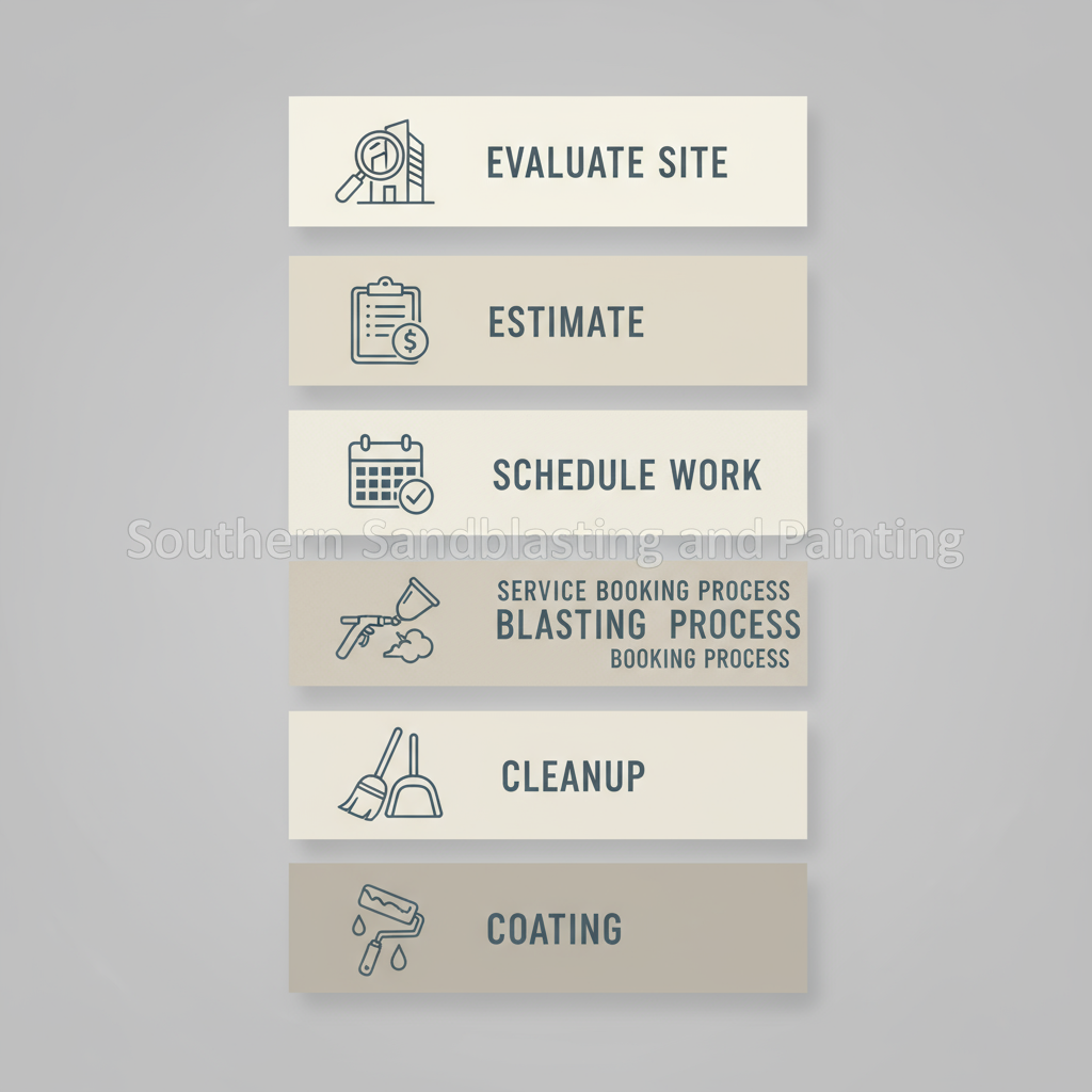 Vertical process flow showing the steps to book sandblasting and painting services in Orlando.