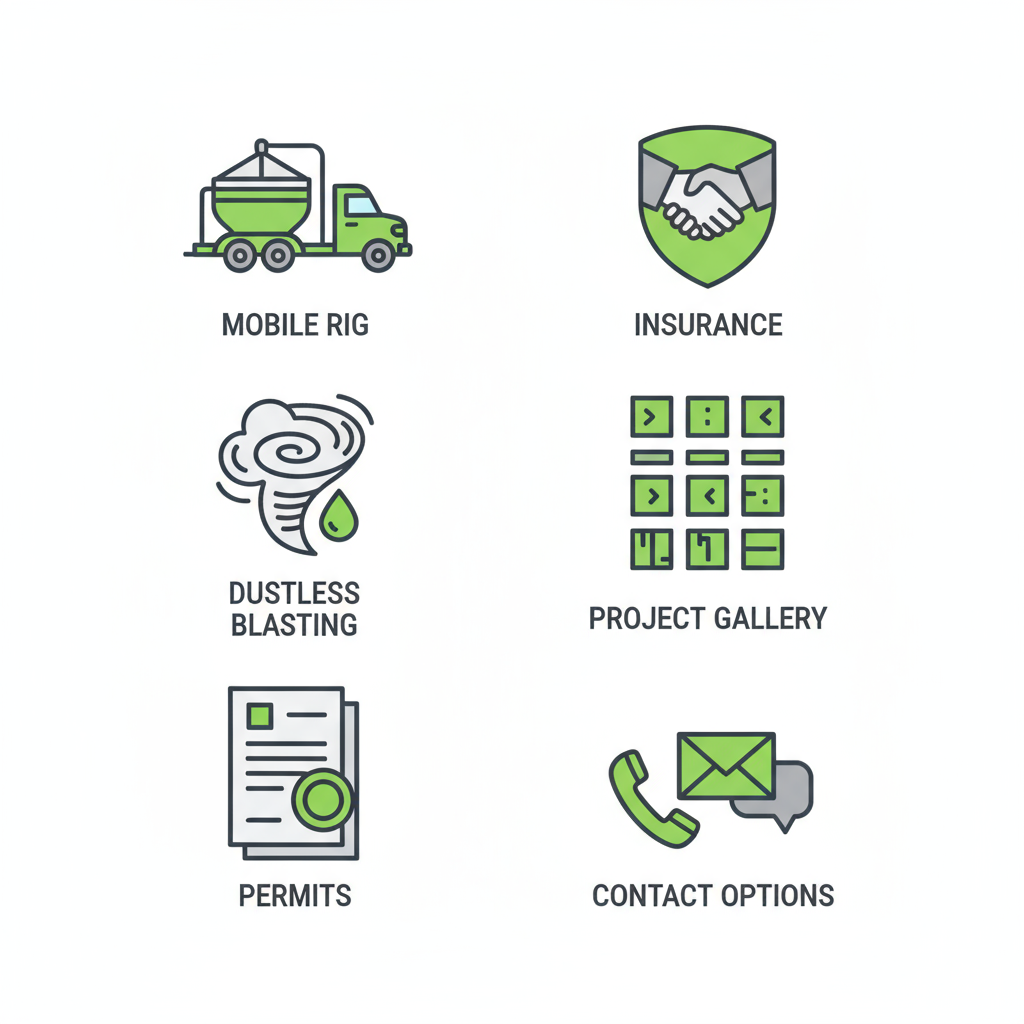 Icon set depicting six key considerations for sandblasting and painting services in Windermere, Florida. Icons for mobile rig, dustless blasting, permits, insurance, project gallery example, and contact options.