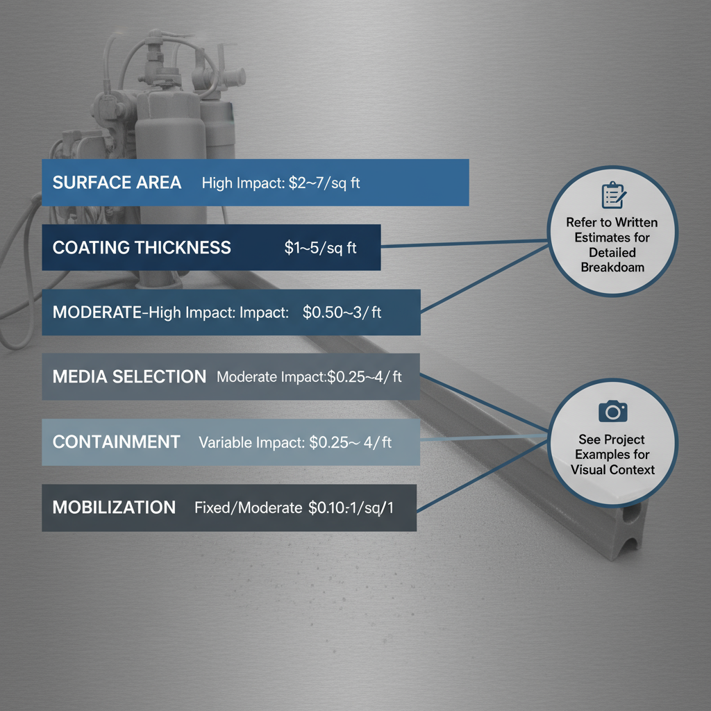 Horizontal bar chart visualizing common cost drivers for sandblasting and painting services, including surface area, coating thickness, media selection, containment, and mobilization, with their relative impact on pricing.