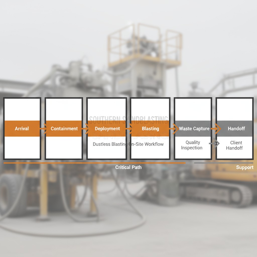 Horizontal process flow depicting the Southern Sandblasting on-site dustless blasting service stages for commercial and municipal projects in Orlando, Florida.
