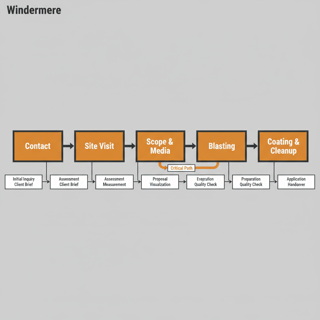 Process flow outlining 5 stages of a sandblasting and painting project, from initial contact to final cleanup.