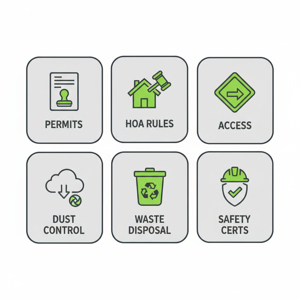 Six icons representing various project considerations for sandblasting and painting services in Central Florida, including permits, HOA rules, and safety certifications.