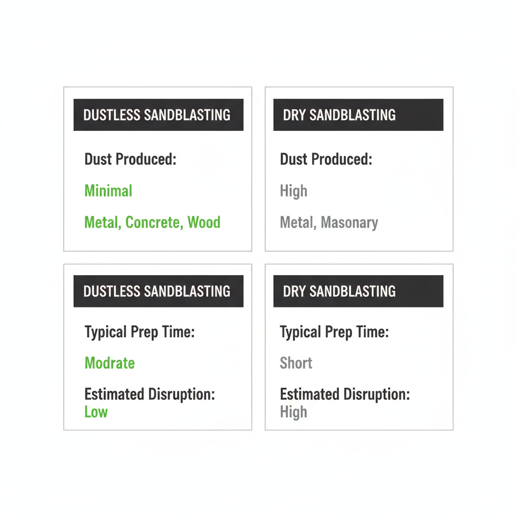 Data visualization comparing dust produced, ideal surfaces, typical prep time, and estimated disruption for dustless versus dry sandblasting methods.