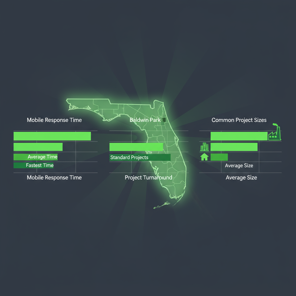 Data visualization comparing Southern Sandblasting and Painting's service area coverage, mobile response times, and project turnaround across Baldwin Park and Central Florida, with icons for project types.