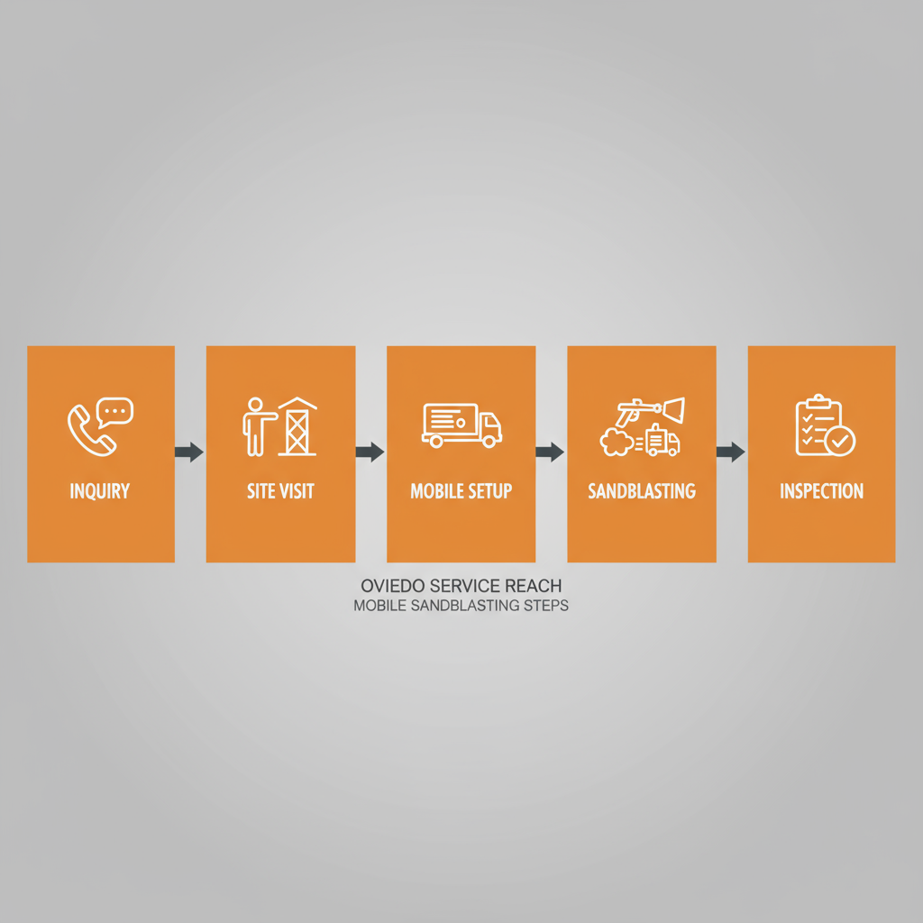 Horizontal process flow depicting the five steps of the mobile sandblasting service: Inquiry, Site Visit, Mobile Setup, Sandblasting, and Inspection, with icons.