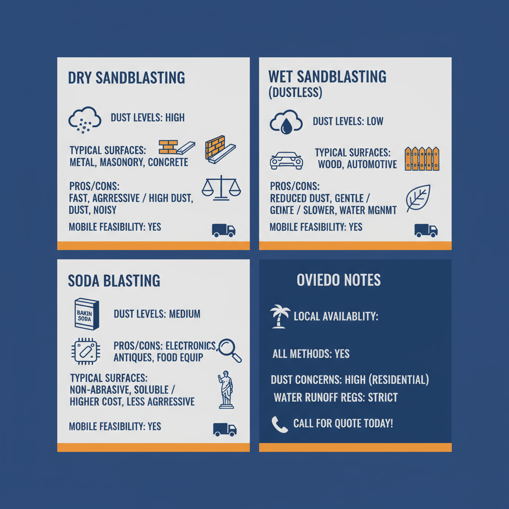 Infographic comparing dustless versus traditional sandblasting, highlighting differences in dust levels, typical surfaces, pros and cons, and mobile feasibility, with local notes for Oviedo.