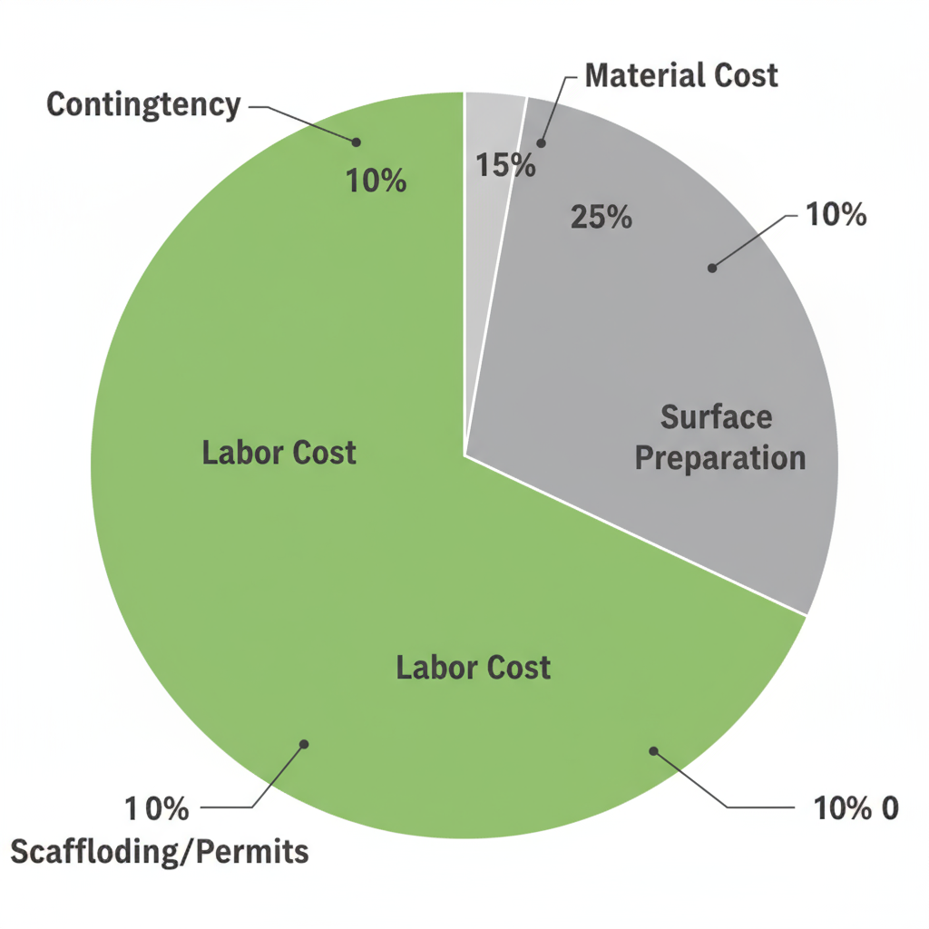 Pie chart illustrating the average cost breakdown for commercial painting projects in Orlando, showing proportions for labor, materials, surface preparation, scaffolding/permits, and contingency.