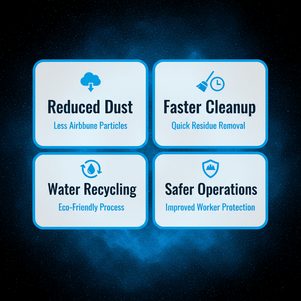 Infographic detailing benefits of dustless sandblasting: reduced dust, faster cleanup, water recycling, and safer operations in Central Florida.