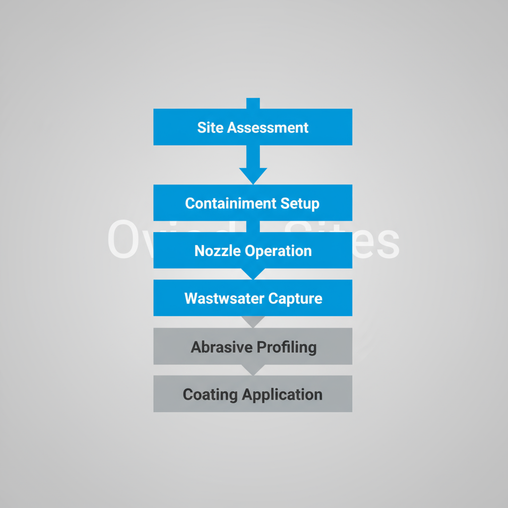 Vertical process flow illustrating the dustless blasting service workflow for properties in Oviedo, Florida.