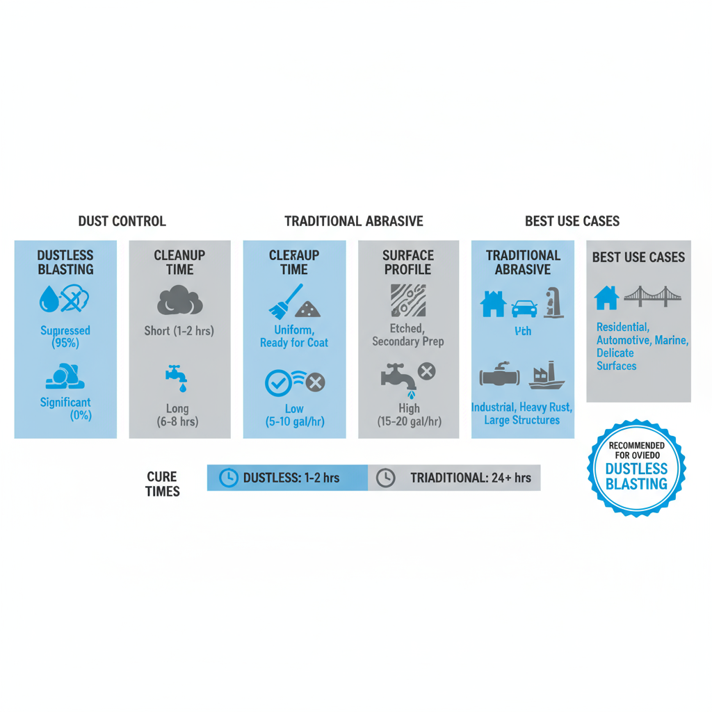 Infographic comparing dustless vs traditional sandblasting methods for Oviedo properties, highlighting dust control, cleanup, surface profile, water usage, and use cases.