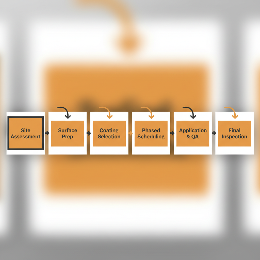 Horizontal process flow depicting the six stages of a commercial sandblasting and painting project, from initial site assessment to final inspection.