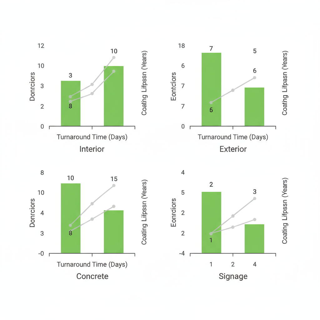 Data visualization comparing turnaround times and durability ratings for interior, exterior, concrete, and signage services.