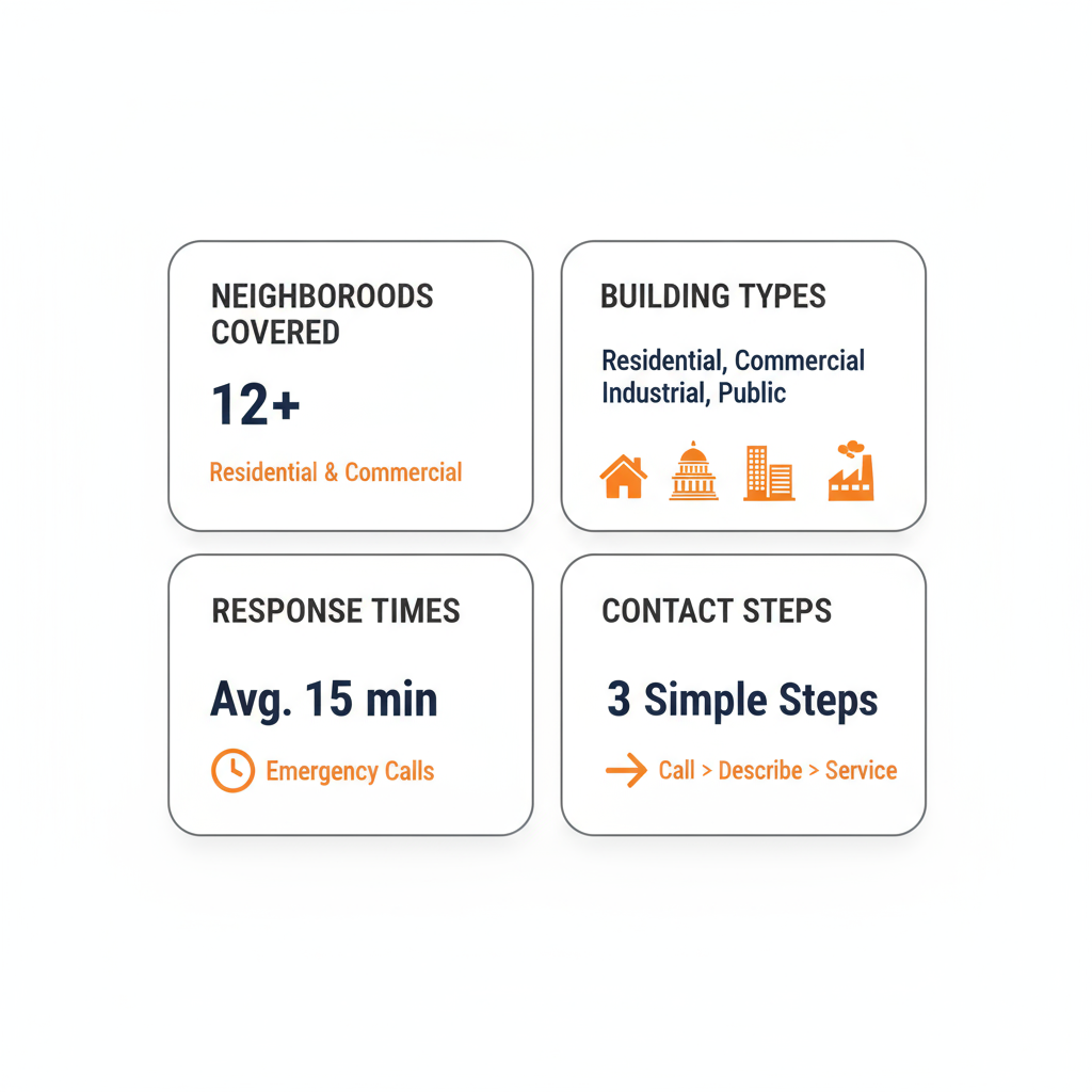 Infographic showing service area details for Winter Park, including neighborhoods, building types, response times, and contact steps.