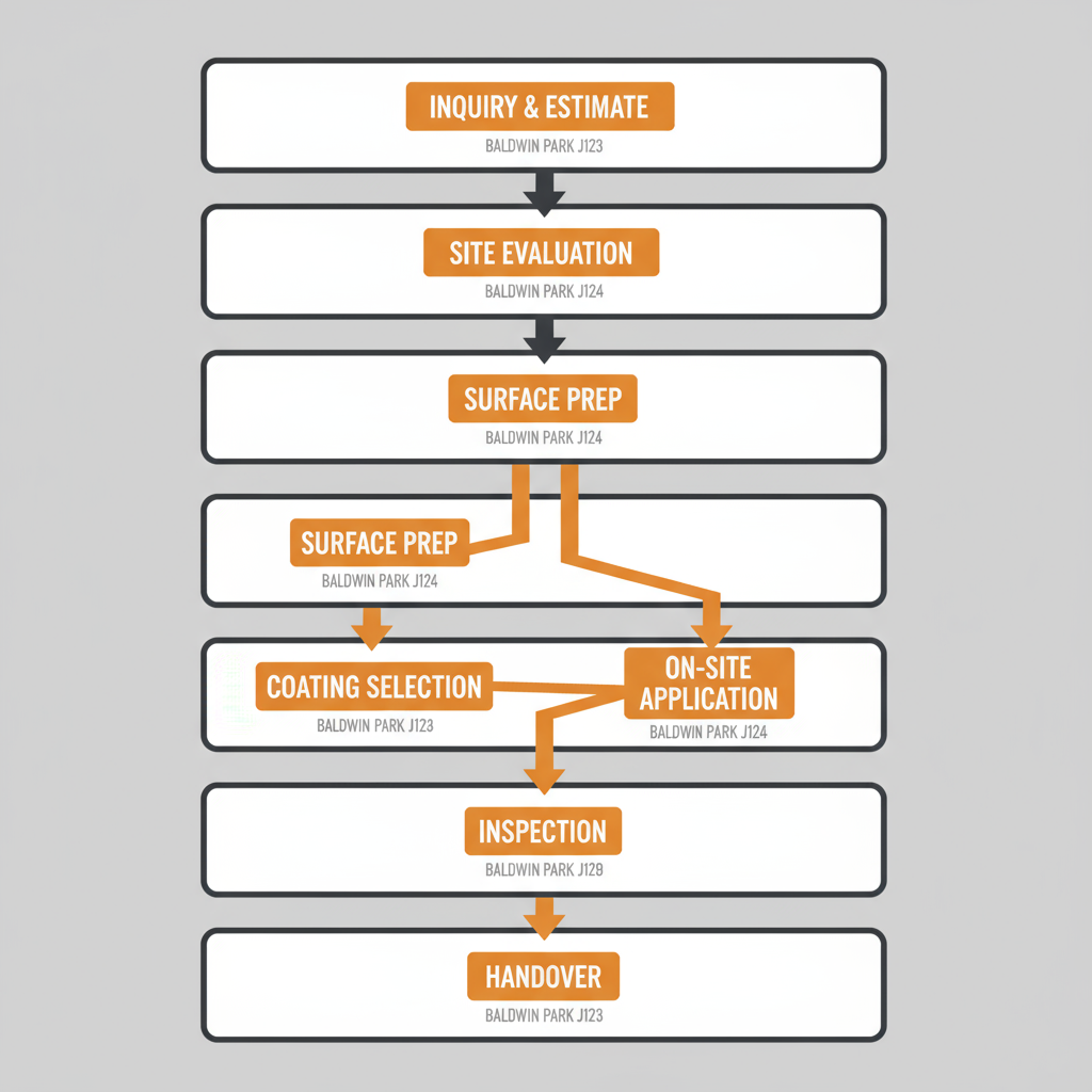 Vertical process flow illustrating the stages of a commercial painting project in Baldwin Park, from inquiry to handover.