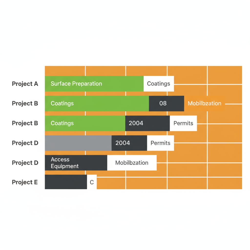 Horizontal stacked bar chart showing cost factors breakdown for sandblasting and industrial painting services in Baldwin Park
