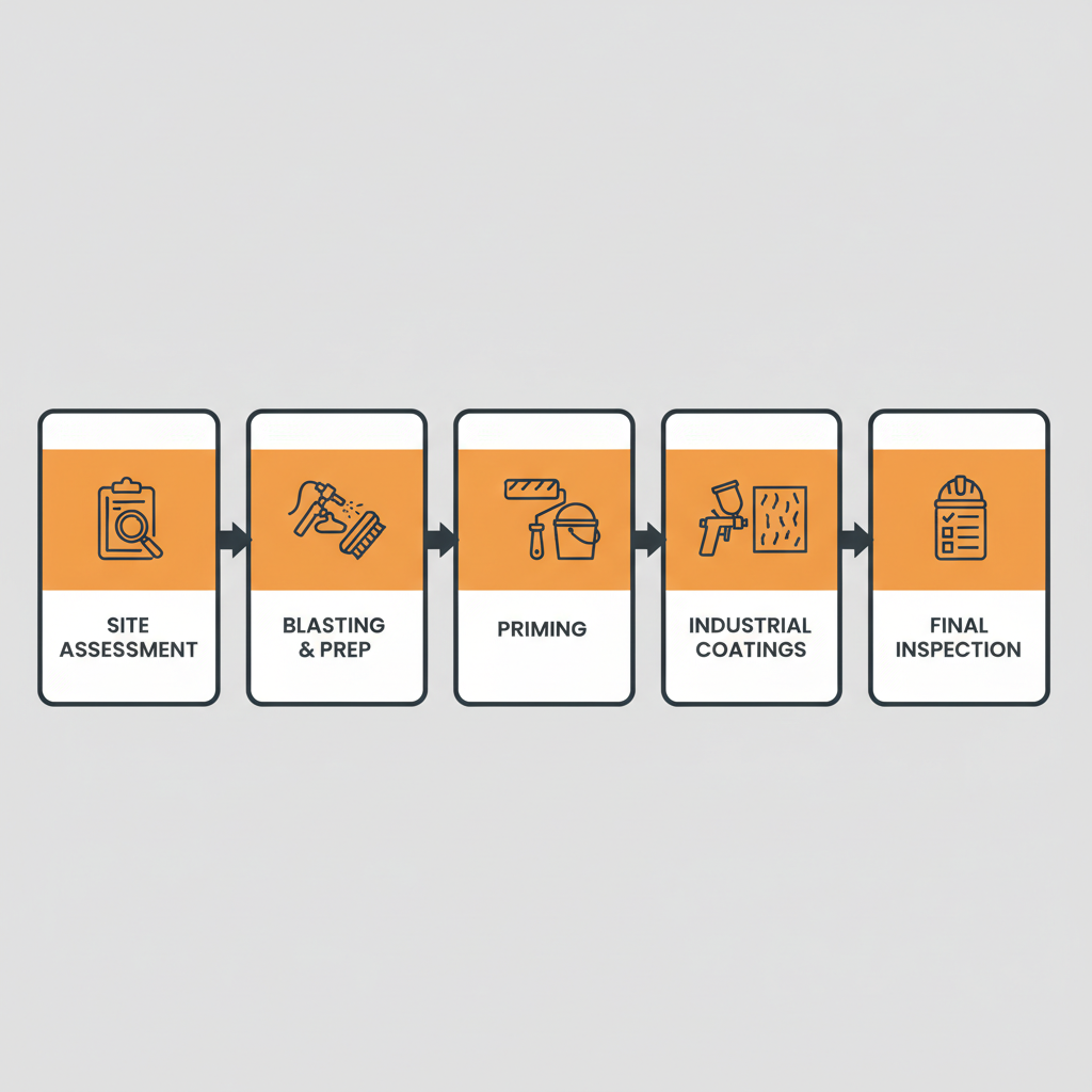 Horizontal process flow depicting the five stages of a commercial painting project from initial assessment to final inspection.