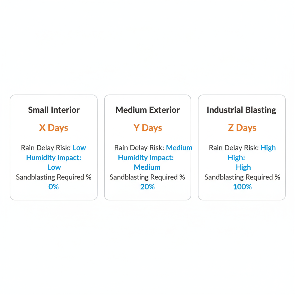 Data visualization showing typical project timelines for different types of commercial painting projects, including weather considerations and sandblasting percentages