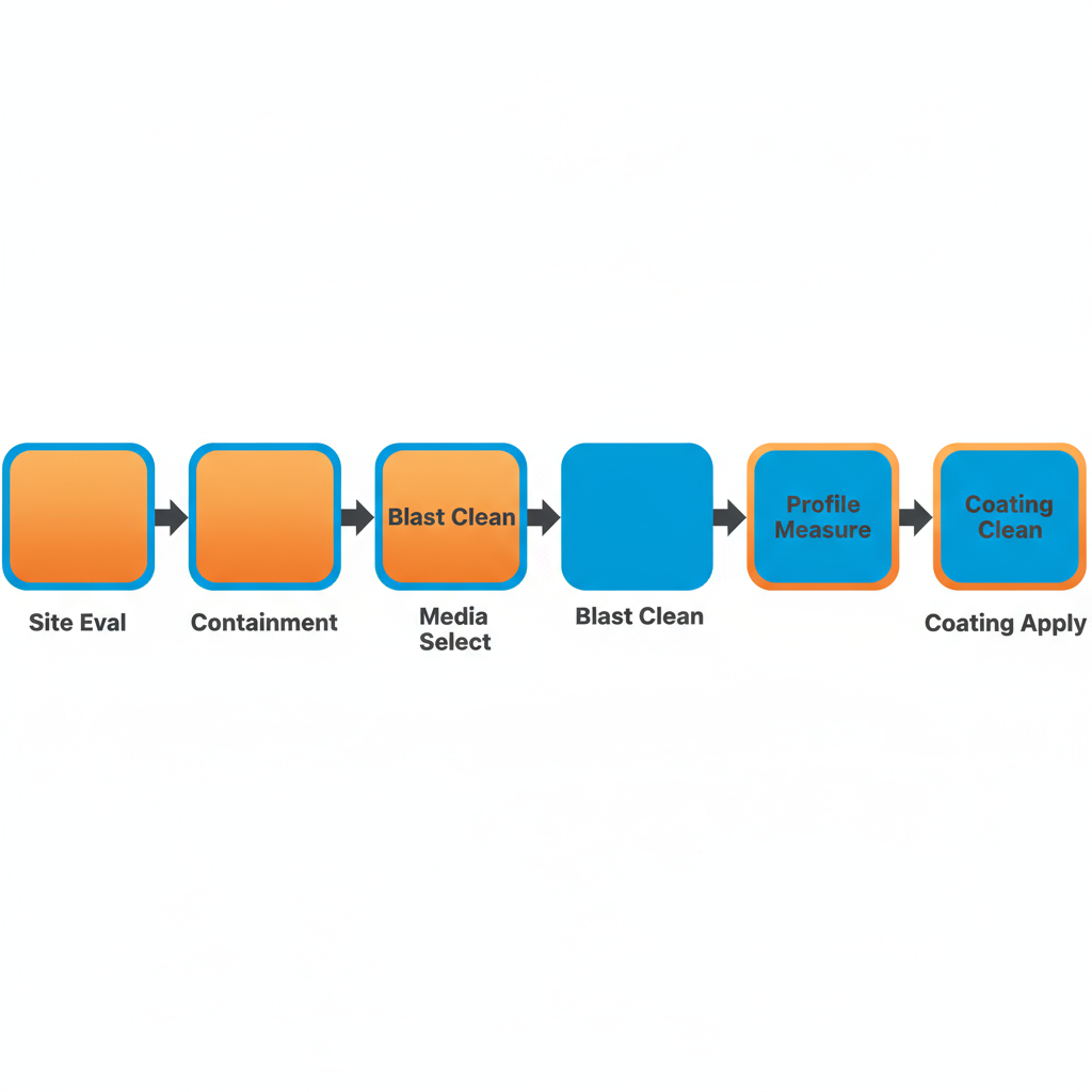 Horizontal process flow depicting sandblasting workflow from site evaluation to coating application for Southern Sandblasting.