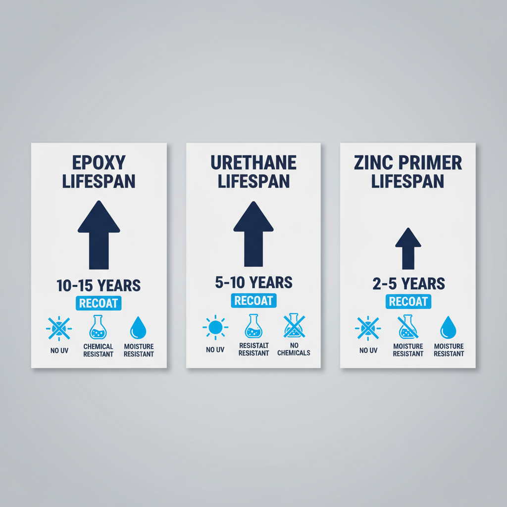 Data visualization comparing lifespans, recoat intervals, and exposure suitability of epoxy, urethane, and zinc-rich primer coatings.
