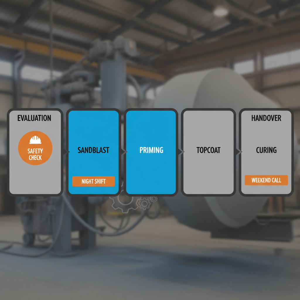 Process flow depicting the stages of a sandblasting and painting project, from site evaluation to final handover.