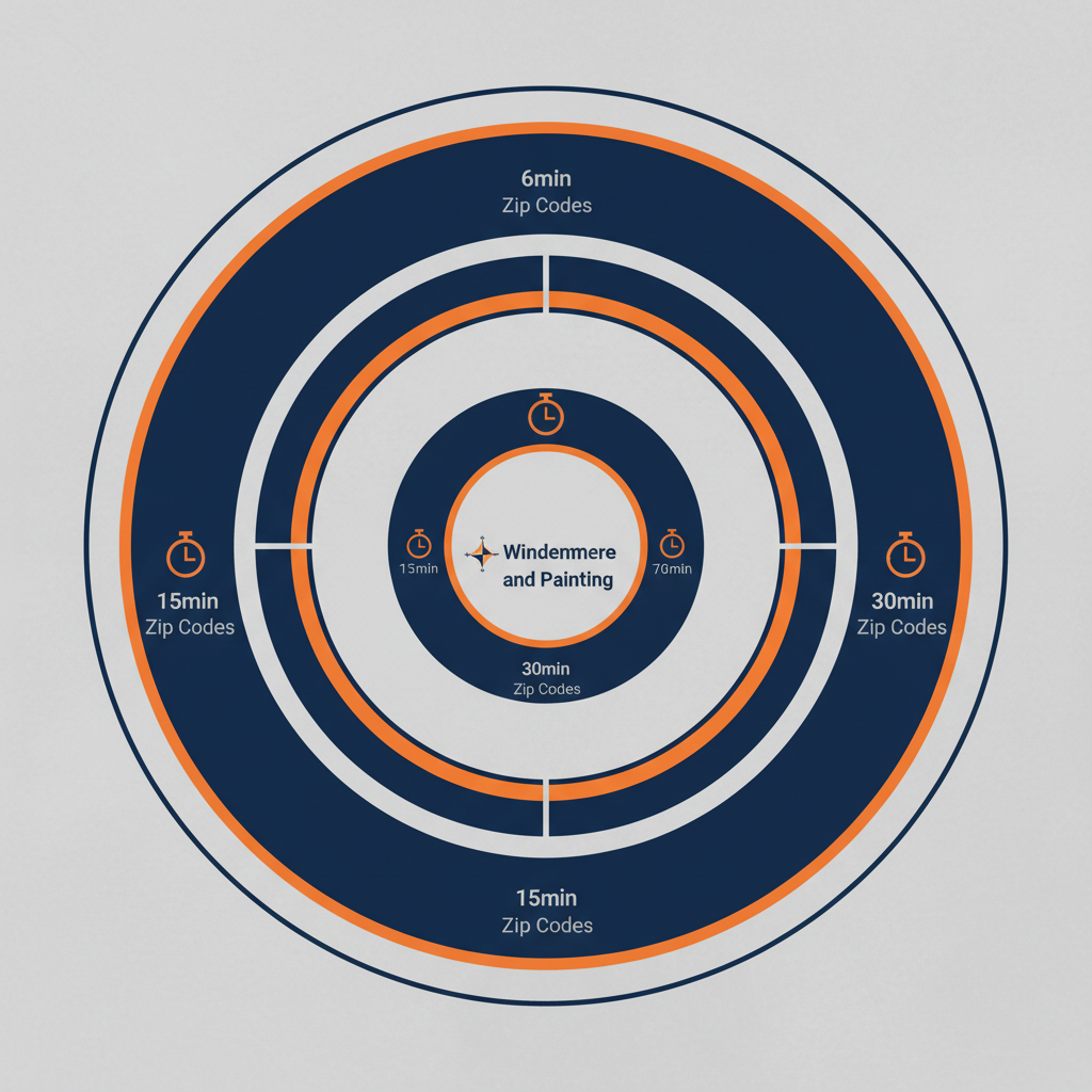 Concentric ring data visualization showing Southern Sandblasting and Painting's service area and response times from Windermere, Florida