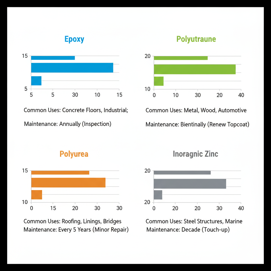 Data visualization bar chart comparing expected lifespan ranges of Epoxy, Polyurethane, Polyurea, and Inorganic Zinc coatings with annotations.
