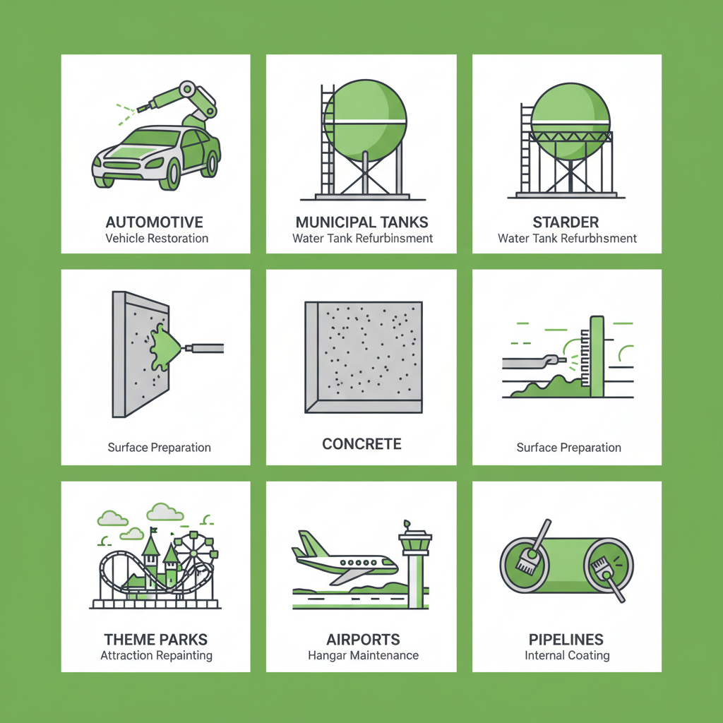 Icon set displaying various industries benefiting from sandblasting and painting services, including automotive, municipal infrastructure, concrete, theme parks, airports, and pipelines.