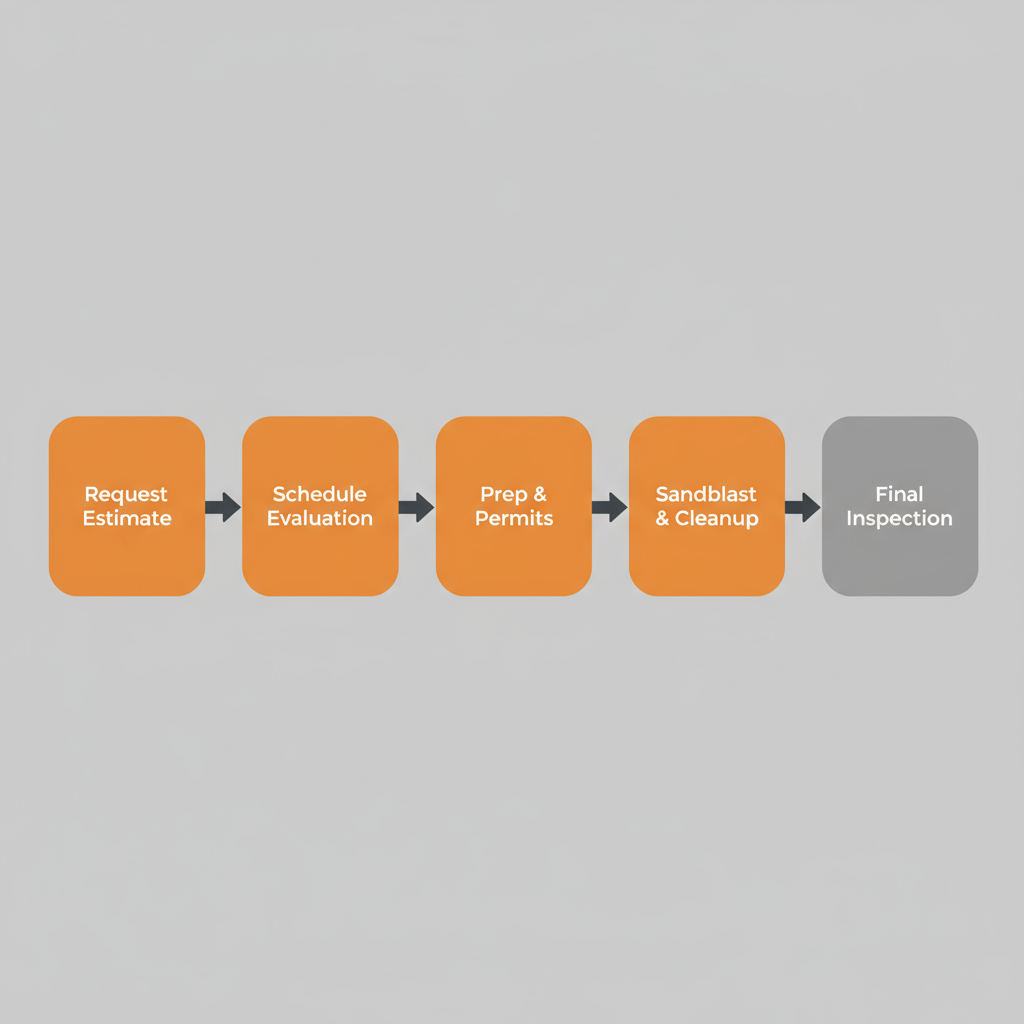 Horizontal process flow depicting the five steps for requesting sandblasting and painting services in Baldwin Park