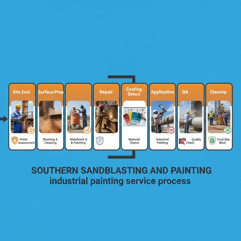 Southern Sandblasting and Painting industrial painting project workflow illustrating various stages from site evaluation to final cleanup with equipment shown.