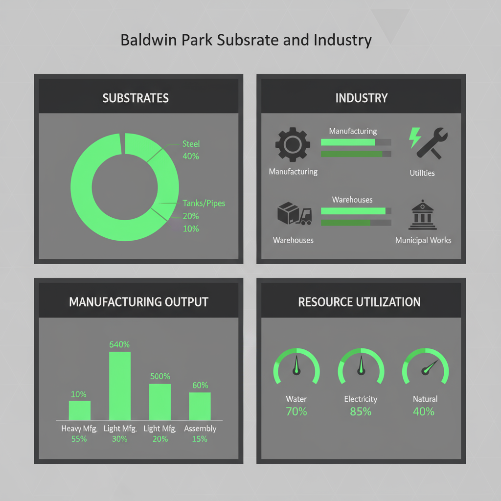 Infographic showing breakdown of sandblasting substrates (steel, concrete, tanks/pipes) and associated industry sectors (manufacturing, utilities, warehouses, municipal works) in the Baldwin Park area.