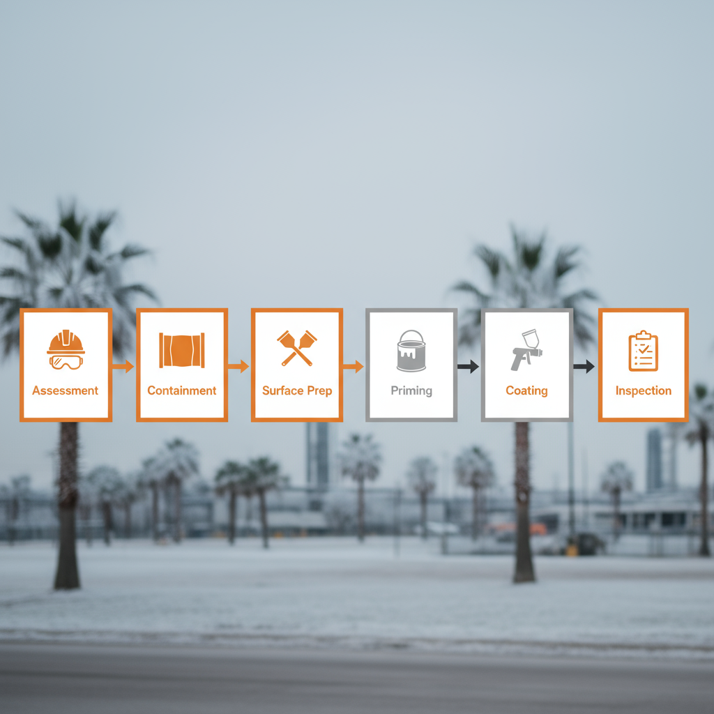 Horizontal process flow depicting the six steps of industrial painting: Site Assessment, Containment Setup, Surface Preparation, Priming, Coating Application, and Final Inspection.