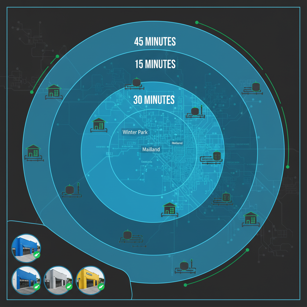 Concentric zone map-style visualization of Southern Sandblasting and Painting's service area in Central Florida, including Winter Park, Orlando, Maitland, and Baldwin Park, with icons for industrial project types.