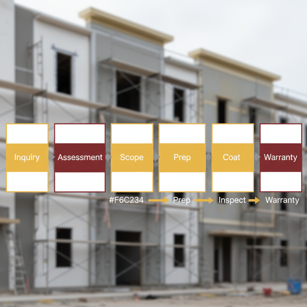 Horizontal process flow depicting the commercial painting project lifecycle from initial inquiry to warranty handoff in Maitland
