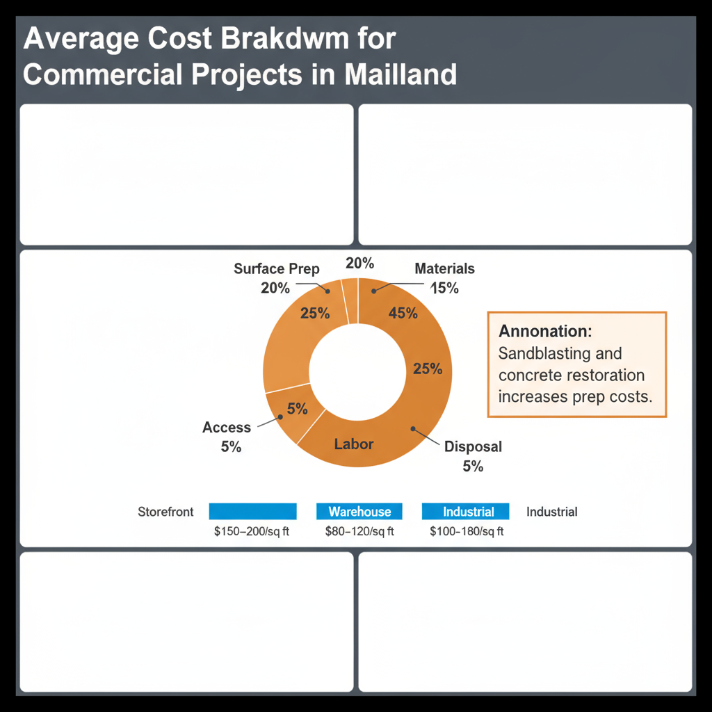 Infographic detailing the cost breakdown for commercial sandblasting and painting projects in Maitland, Florida, including surface preparation, materials, labor, and access costs.