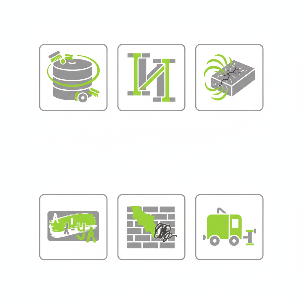 Icon set displaying various project types for sandblasting and painting services, including water tank restoration, structural steel, concrete cleaning, signage, graffiti removal, and mobile on-site units.
