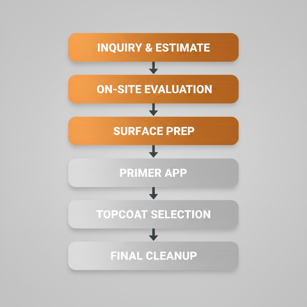 Vertical process flow diagram illustrating the steps for industrial painting project from inquiry to completion, emphasizing safety and local compliance in Oviedo, Florida.