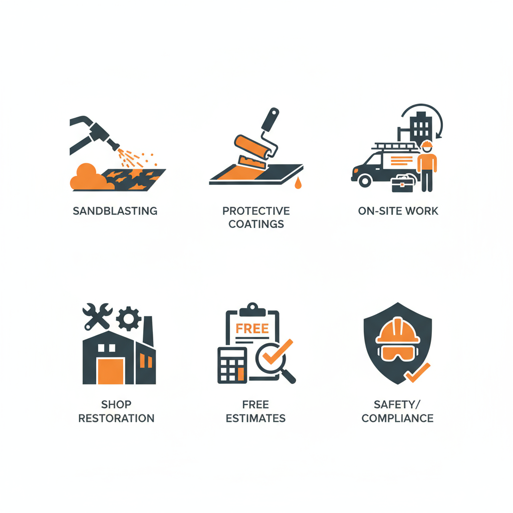 Icon set displaying six core services: sandblasting, protective coatings, on-site work, shop restoration, free estimates, and safety compliance for Central Florida