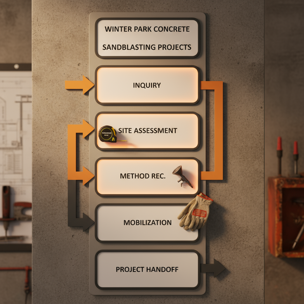 Vertical process flow showing five steps for sandblasting project estimation and scheduling in Winter Park, from inquiry to project completion.