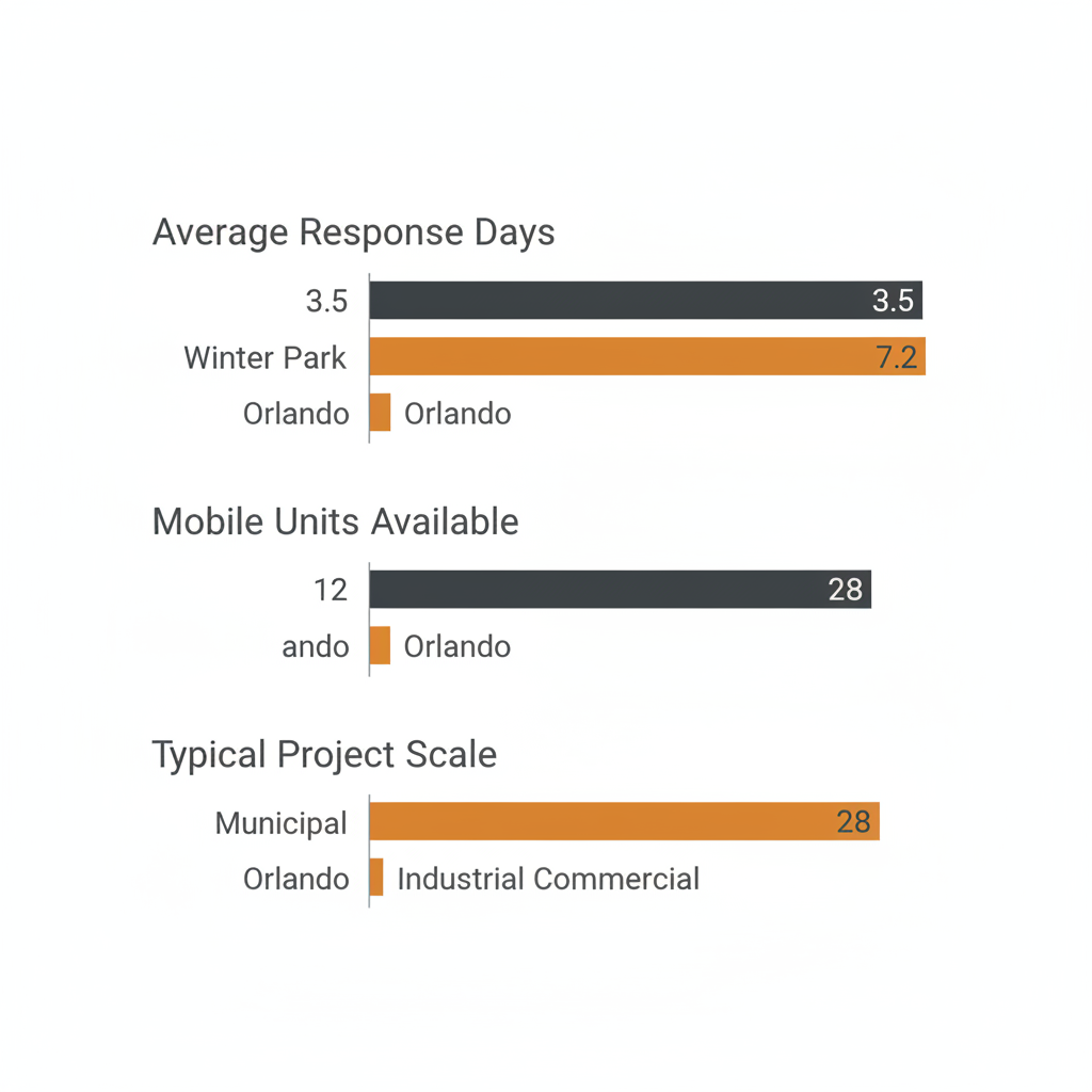 Bar chart comparing sandblasting service response times, mobile units, and project scale for Winter Park and Orlando regions