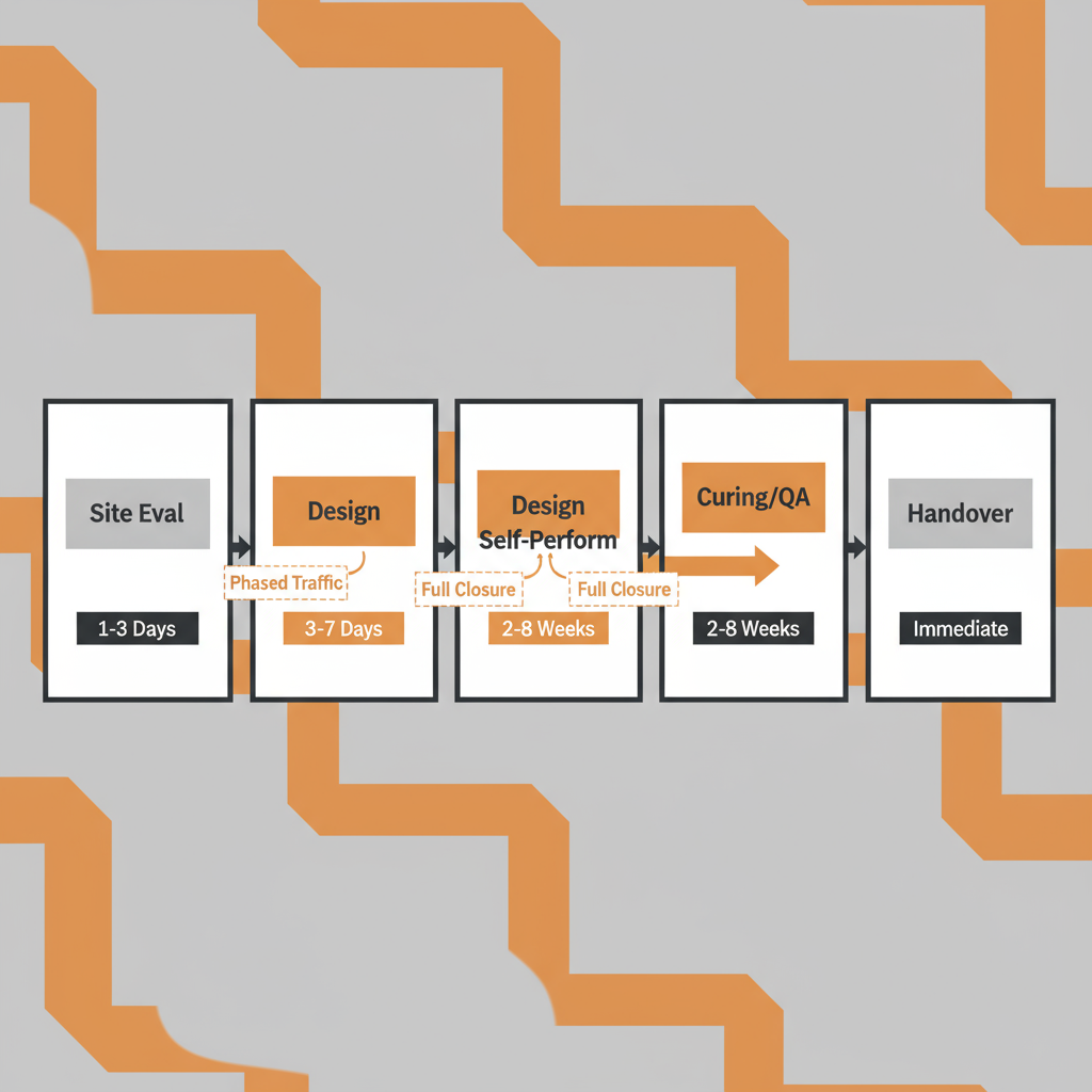 Horizontal process flow depicting Silver Spur Concrete's repair workflow for parking lots, including site evaluation, testing, design, self-perform execution, curing/QA, and handover.