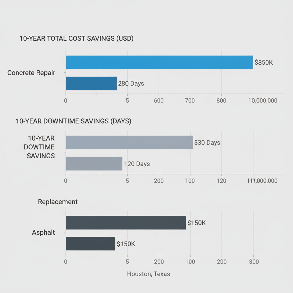 Landscape bar chart illustrating 10-year total cost and downtime savings for concrete repair, replacement, and asphalt alternatives in Houston.