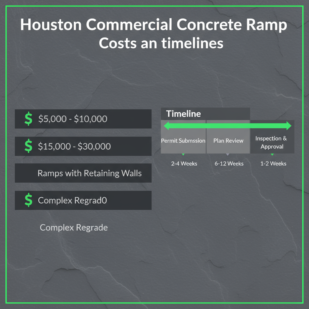 Data visualization showing typical permit costs and timelines for commercial concrete ramps in Houston, distinguishing between simple, retaining wall, and regraded ramps with a timeline of permit and inspection steps.