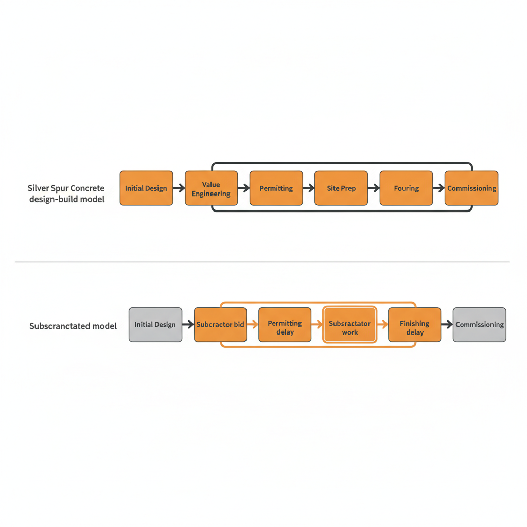 Comparison process flow showing the streamlined steps of Silver Spur Concrete's design-build model against a fragmented subcontracted model.