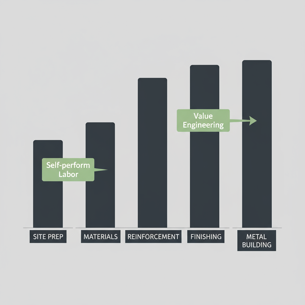 Bar chart comparing typical cost components for commercial concrete projects in Houston, highlighting self-perform labor and value engineering for cost savings.