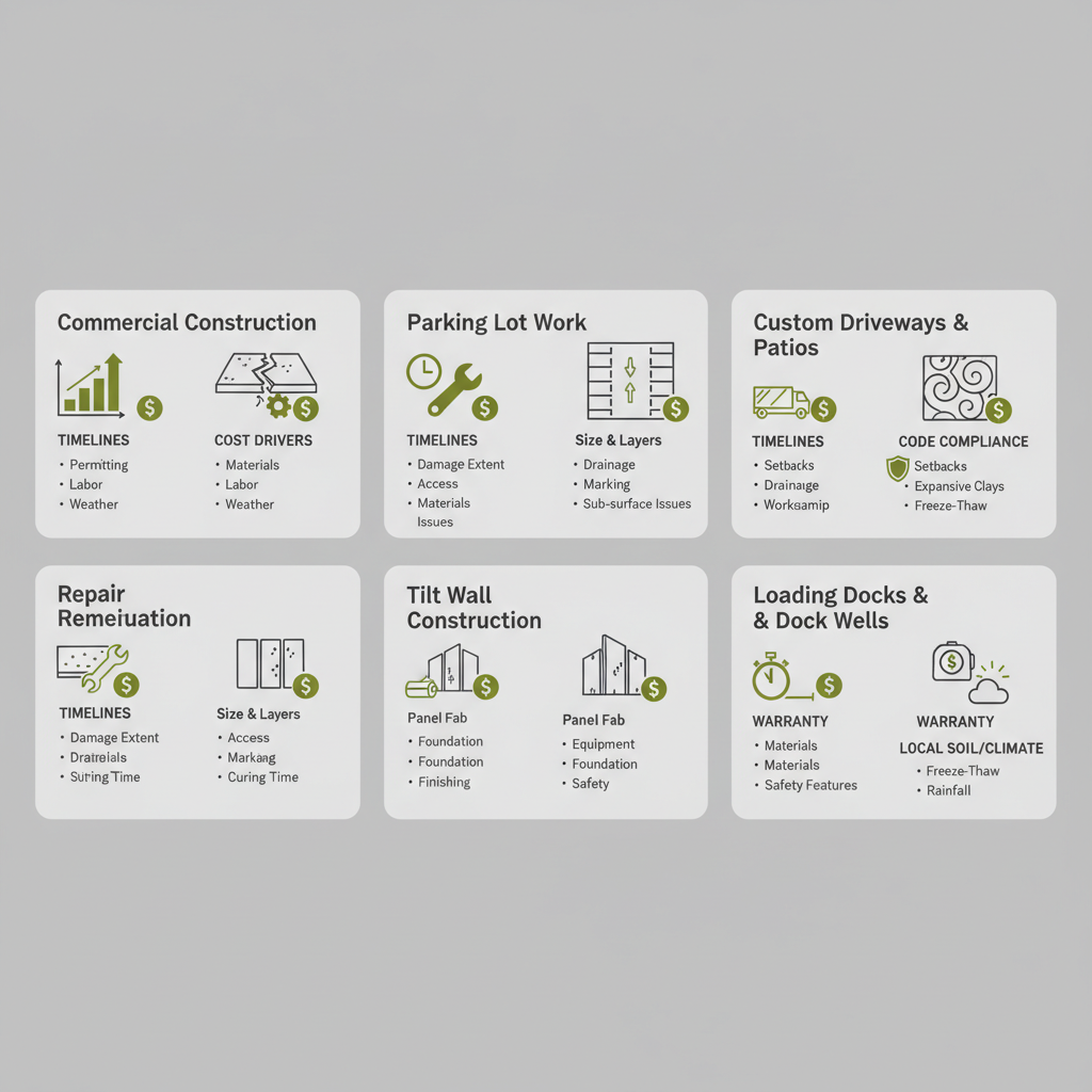 Infographic detailing Silver Spur Concrete's commercial and residential services, including timelines and cost considerations for Houston projects.