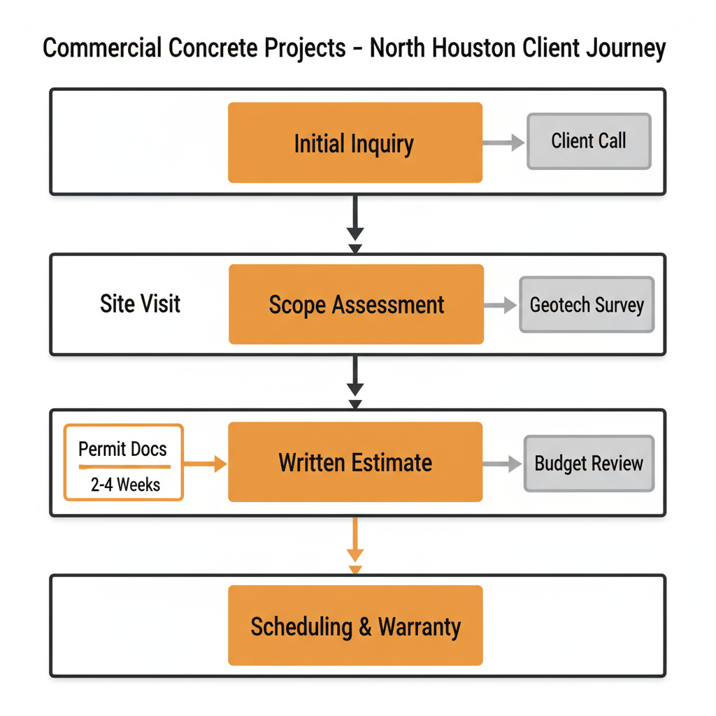 Vertical process flow illustrating the client journey from initial inquiry to project scheduling and warranty handoff for commercial concrete services in North Houston, featuring response times and permitting requirements.